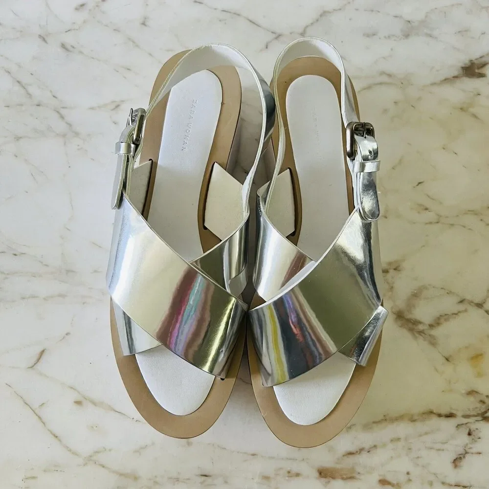 ZARA Glossy Silver White Faux Leather Cris-Cross Platform Sandal- EU 37 / US 6.5